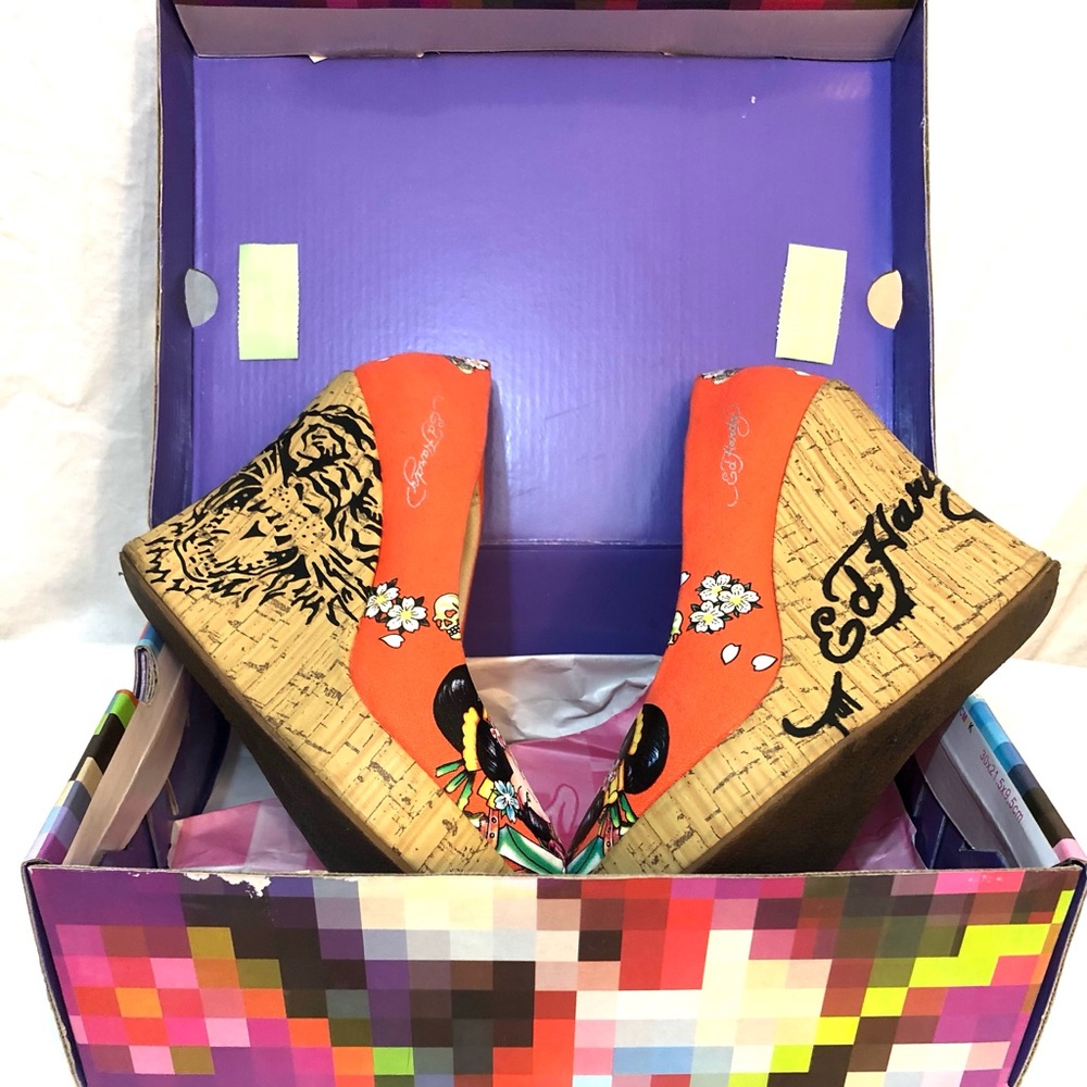 Ed Hardy cork wedge shoes